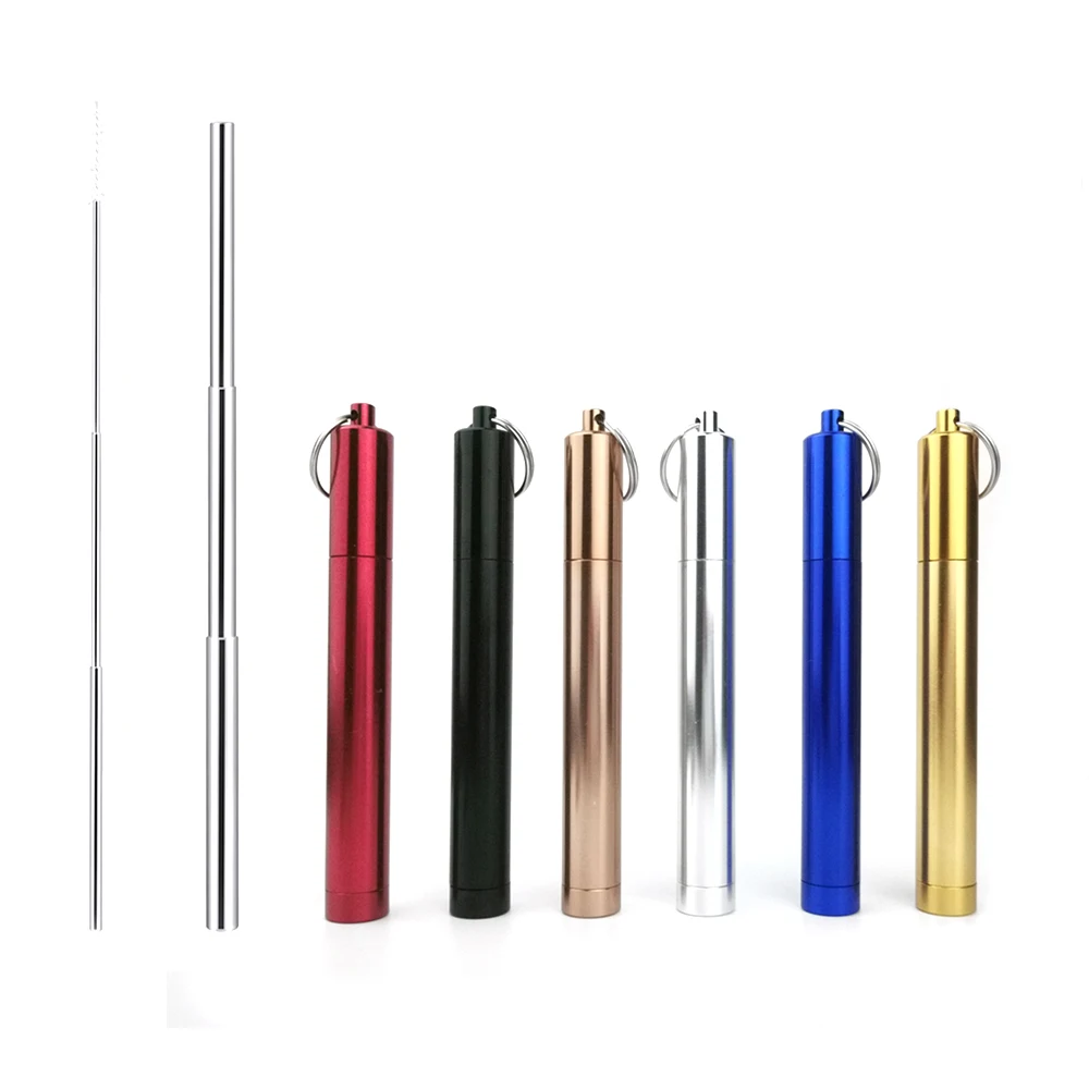 2 Pack Reusable Folding Portable Pocket Drinking Travel Metal Straws with Case and Cleaning Brush