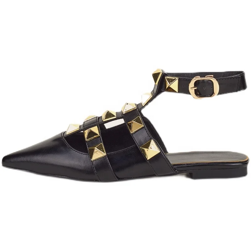 

custom new fashion sexy rivets pointed toe ankle strap summer flat sandals women, Black , white