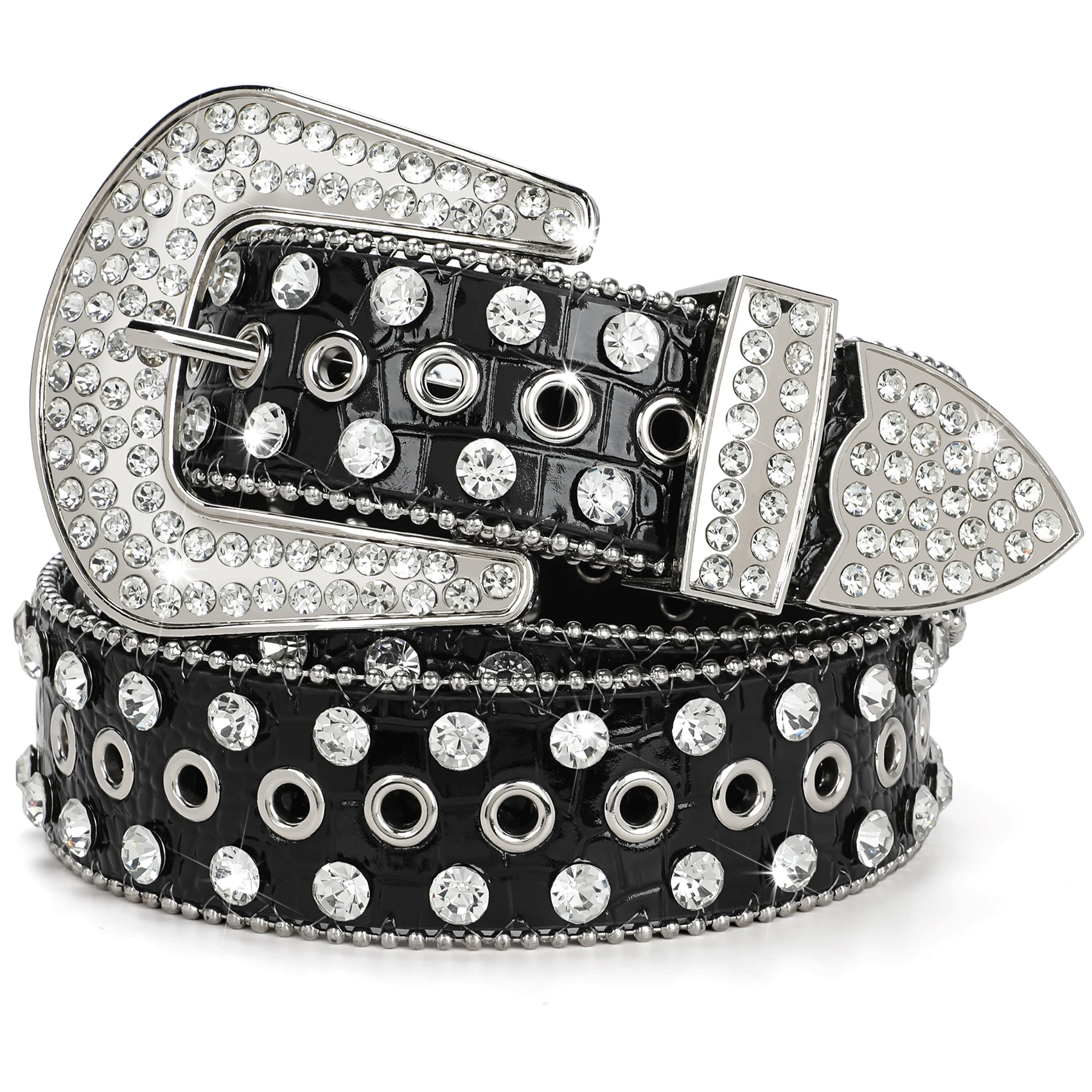 

HOT Y2K Style Flexible Customize Studded Diamond Rhinestone Faux PU Leather Alloy Buckle Western Rhinestone Belt