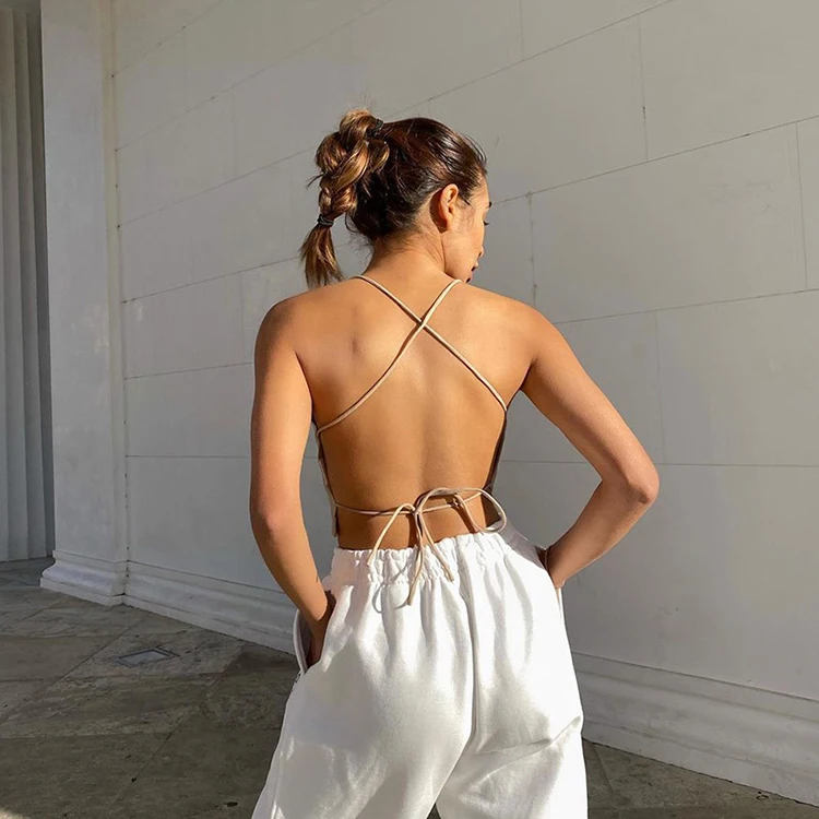 

2021 Women Fashion Summer Latest Solid Inclined Shoulder Sleeveless Backless Crop Tank Top Women -YS