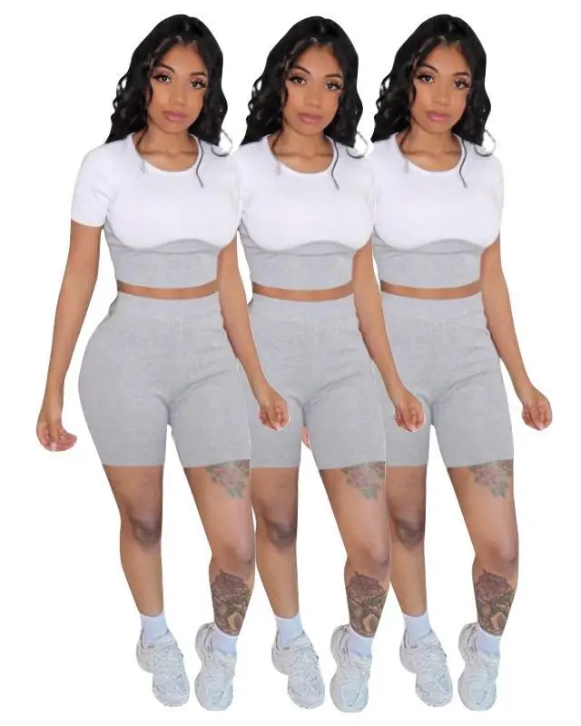 

Short Sleeve Crow Neck Crop Top Women Set Custom 2 Piece Women Short Set For Summer