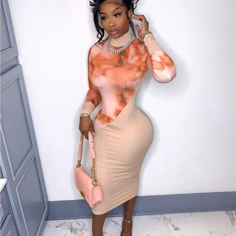 

Autumn Fall Spring Casual Girl High Neck Long Sleeves Bodycon Tie Dye Patchwork Midi Dress for Ladies Women