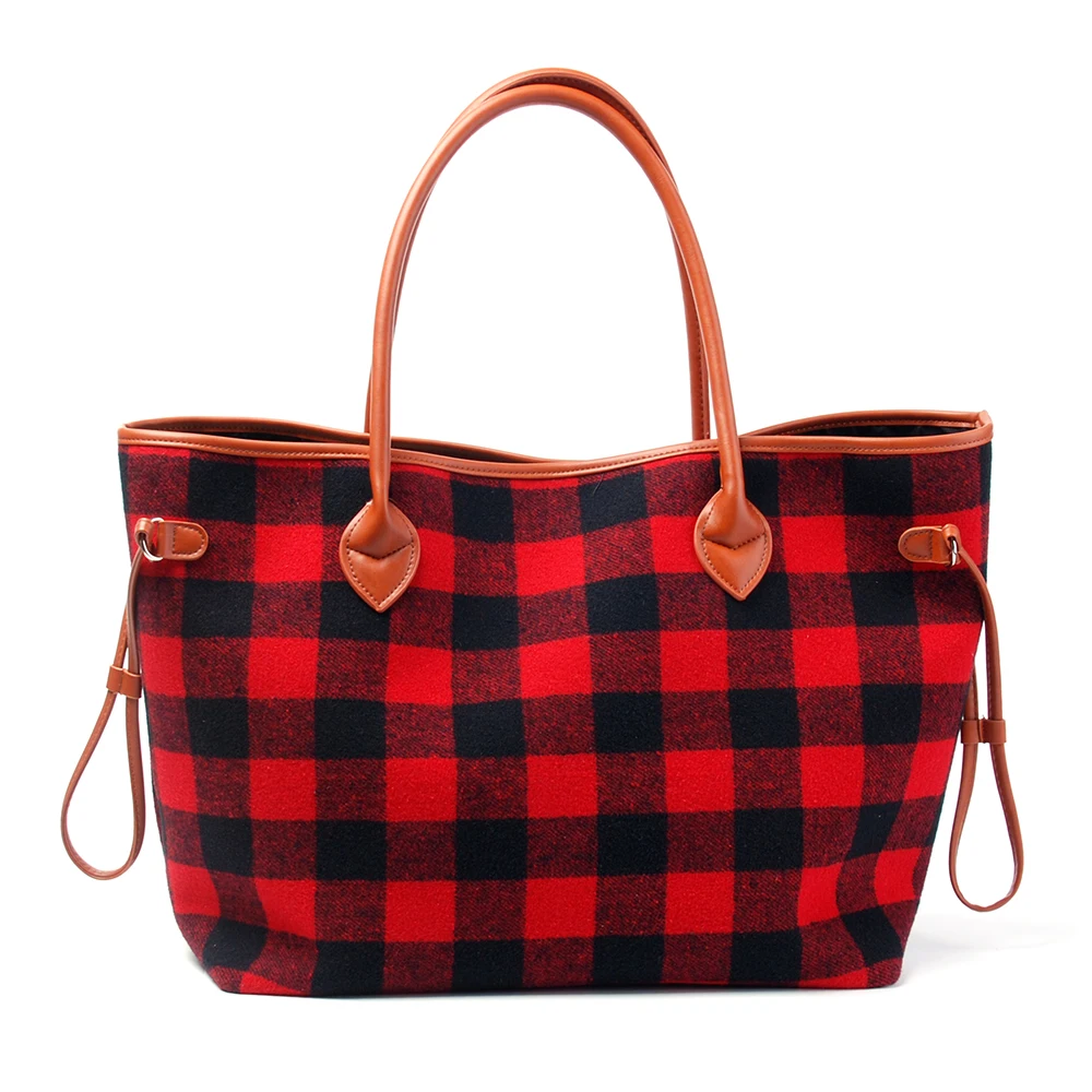 

RTS 2 colors DOM377 Large Capacity red Buffalo Plaid Elegant Shoulder Canvas PU Leather Tote Storage Shopping Bag for Women, Customizable