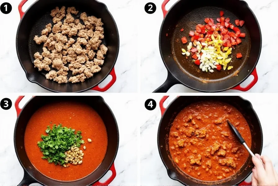 Step-by-step preparation of ground chicken chili in a cast iron pot with fresh ingredients