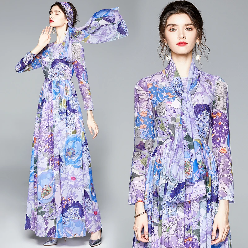 

Droma in stock new design autumn fashion drop shipping holiday style floral print o neck long sleeve women maxi chiffon dress, Picture color