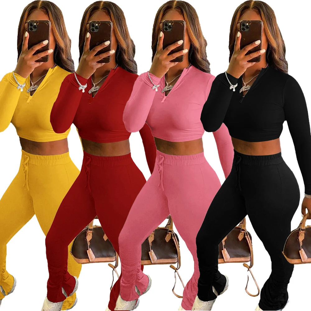 

YD TOP quality pleated pants sports suit wholesale fall sexy top long sleeves deep neck fashion tracksuit 2piece set woman
