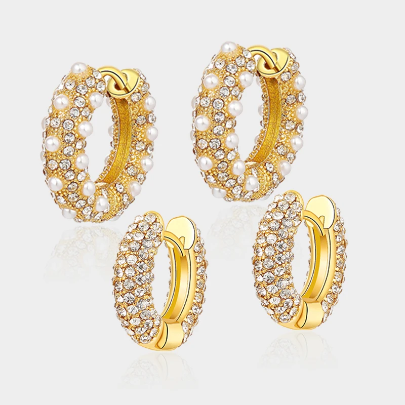 

Fine Brass And Genuine 18k Gold Plated With Small Pearls And Full Zirconia Hoop Earrings, Picture