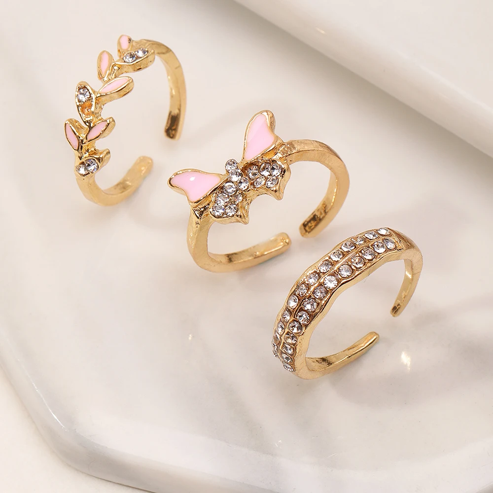 

3pcs/set Wholesale Fashion Women Jewelry Leaf Dainty Butterfly Ring Cute Gold Ring With Diamond Ring Set