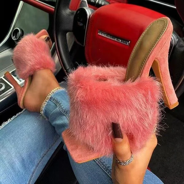 

Luxury fashion party dance shoes suede cute girl square head open toe fur plush fluffy stiletto shoes women