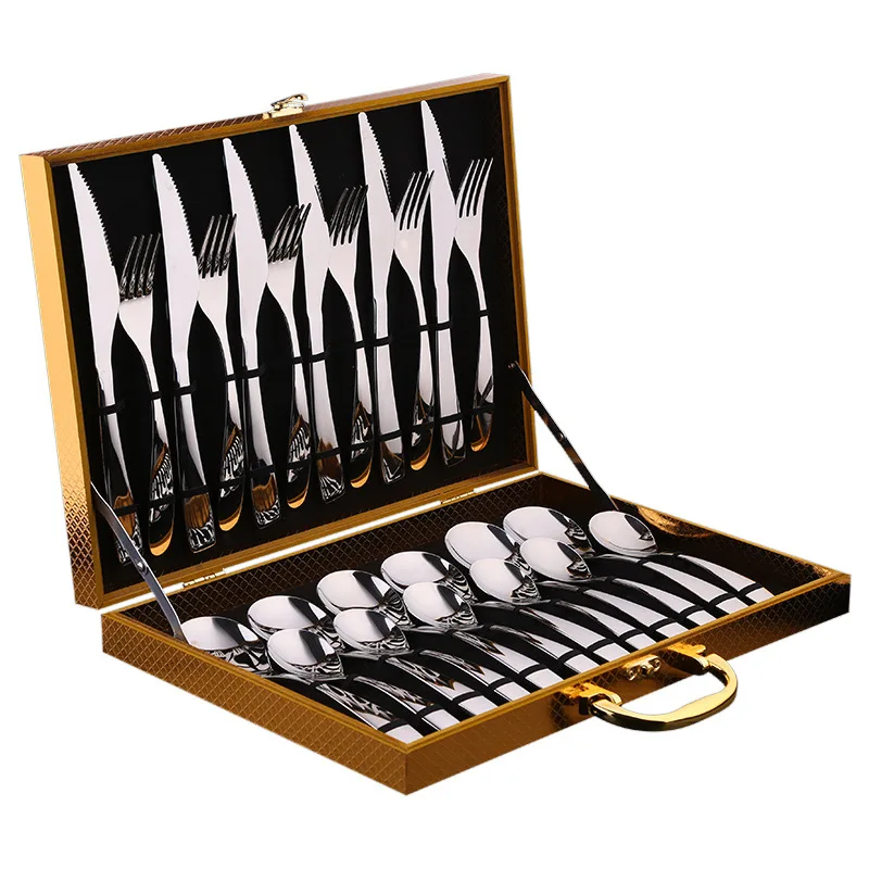 

Hot Selling Stainless Steel 24pcs Dinnerware Set Cutlery Set With Gift Wooden Box, Customized