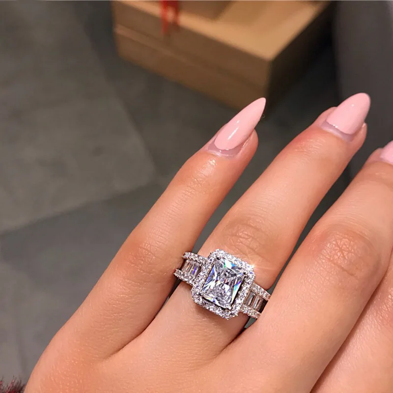 

925 Italian Silver Big Diamond Engagement Ring Wedding For Women