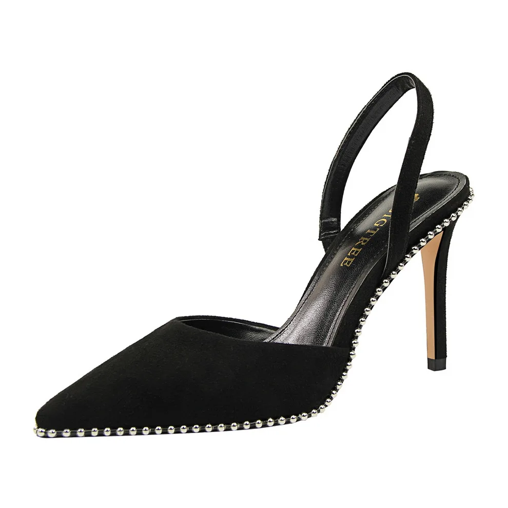 

313-2 European and American sexy nightclub high-heeled suede shallow mouth hollowed out with rivet pointed female sandals