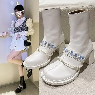 

Big round toe thick heel retro rhinestone ice flower decoration short martin boots women