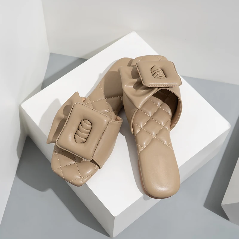 

Women Buttons Square Toe Flat Slippers Summer Fashion Solid Color Daily Outdoor Leisure Ladies Footwear Size 37-42