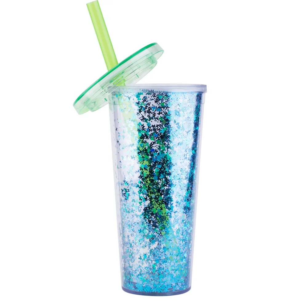 Double Wall Custom Glitter 32oz Plastic Drinking Cup With Lid And Straw