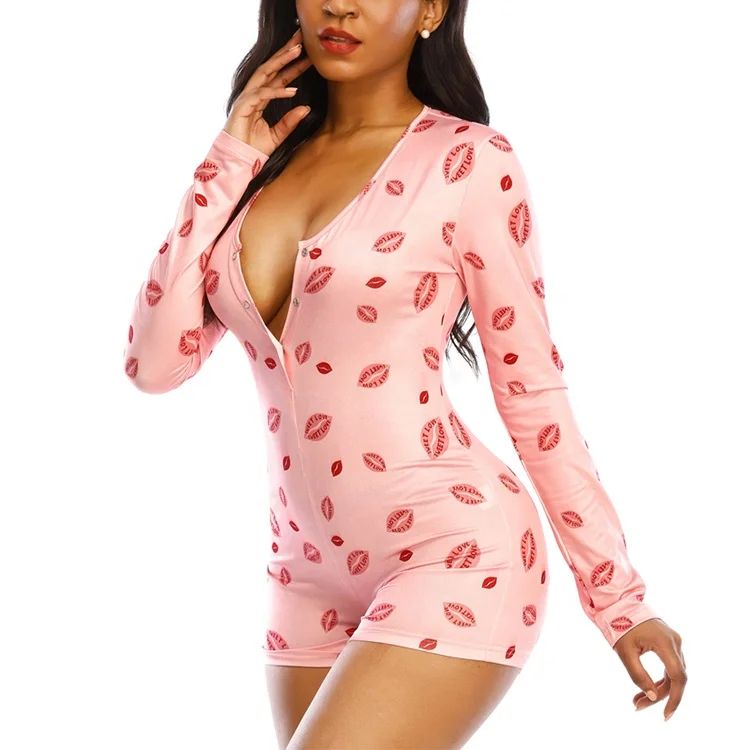 

9053 Wholesale Long Sleeve Adult Romper Pajamas Onesie Women Pink Onesie Pajamas