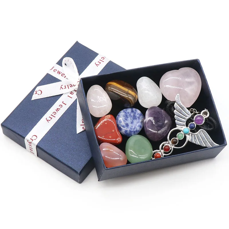 

Hot Selling Spiritual Meditation Crystal Heart Healing Crystal Tumbling Stone Box Set Wholesale Chakra Stone Set 7 Chakra Set