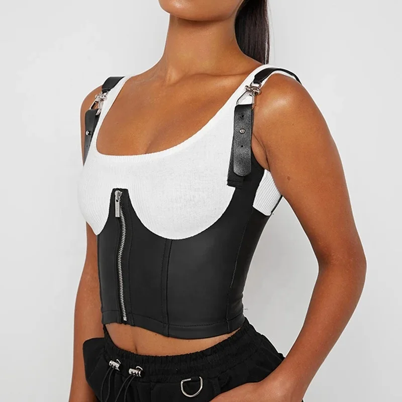 

Fashion vest PU leather stitching sleeveless short zipper jacket discipline corset women, Picture