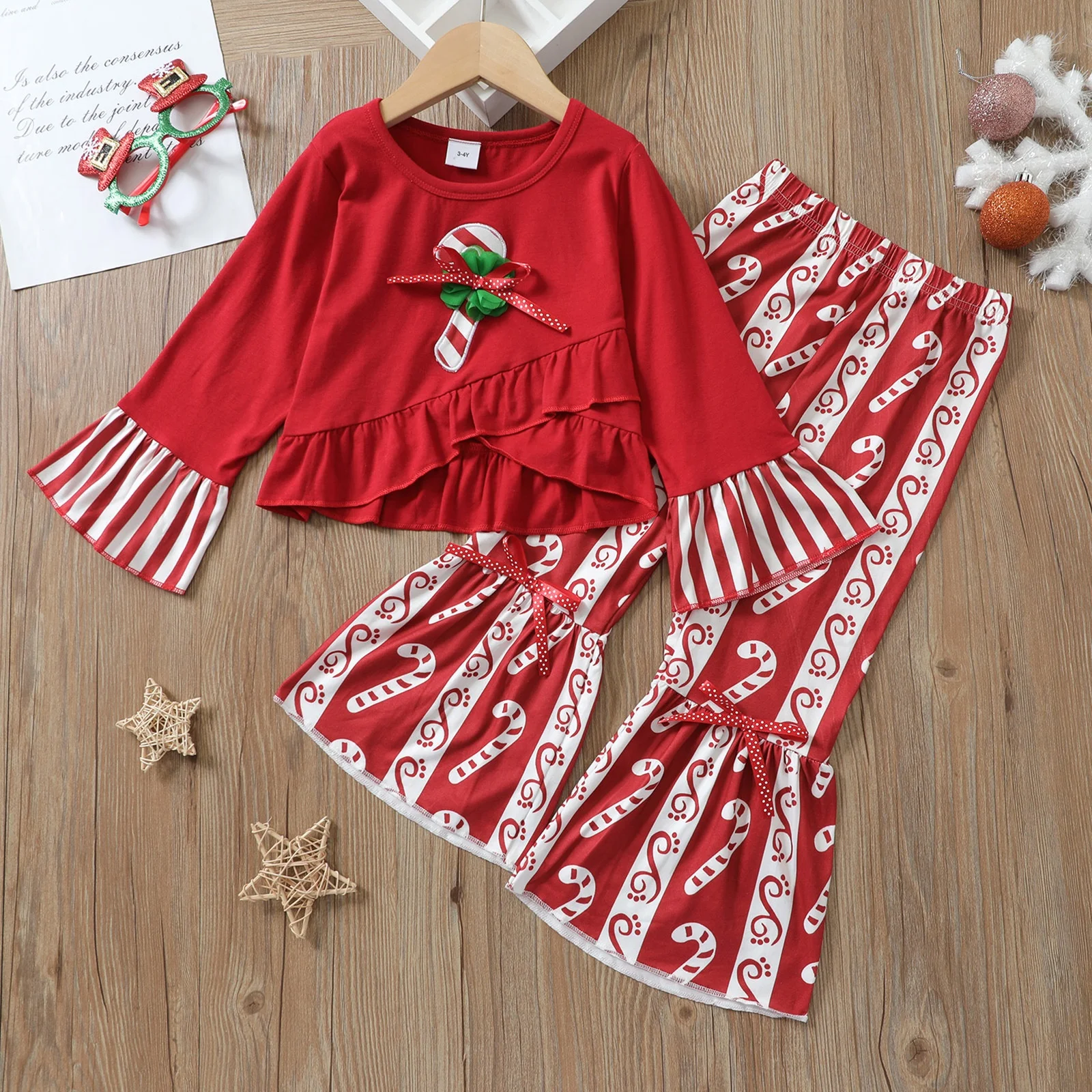 

1-6Y Christmas Girls Clothes Set Red Outfits Toddler Kid Baby Long Sleeve Ruffles T shirt Tops Pants set Xmas Autumn clothing, As picture