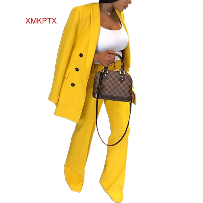 

Hot Sale Office Ladies Women'S Pantsuit Yellow Business Classic Double-Breasted Buttons Pants Set Two Piece Formal Suits