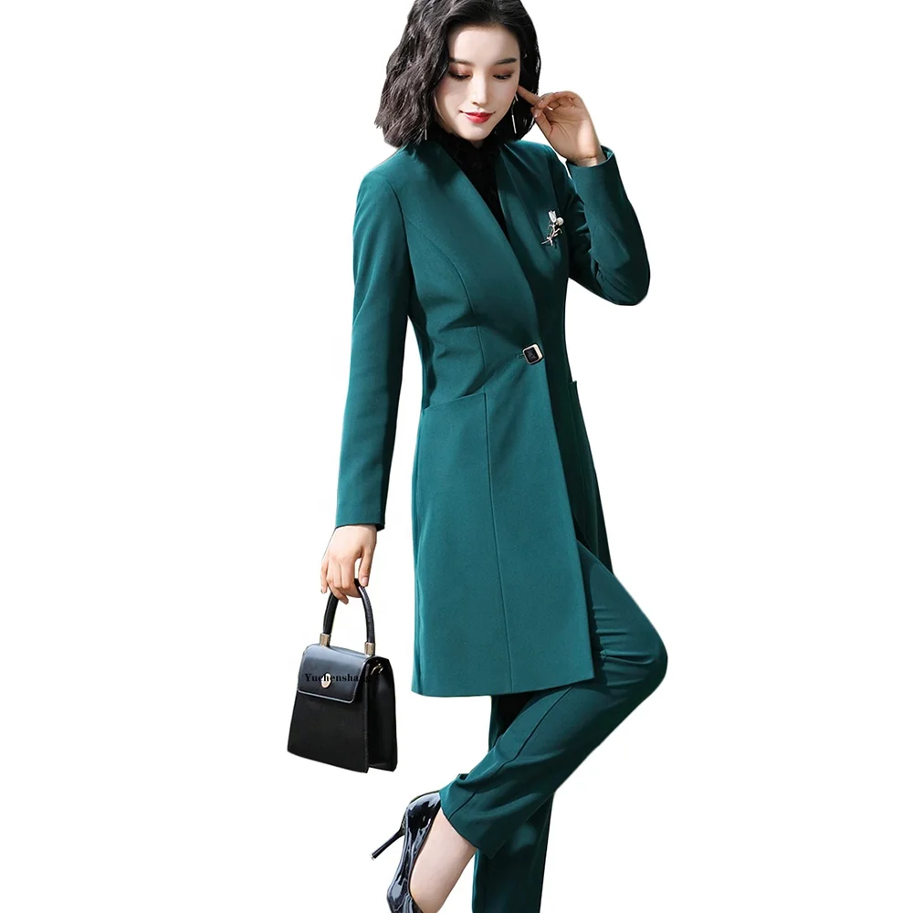 

Green Black 2 Piece Set New Fall Winter One Button Long Blazer Jacket Coat and Trouser For Office Lady Work Pant Suit Women