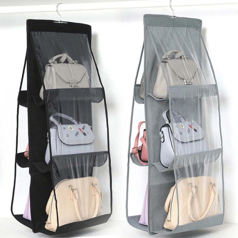 

6 Pocket Hanging Handbag Organizer for Wardrobe Closet Transparent Storage Bag Door Wall Clear Sundry Shoe Bag with Hanger Pouch, Color