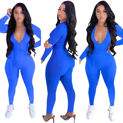 

B35218A 2020 In stock Sexy women clubwear deep v neck bodycon jumpsuit