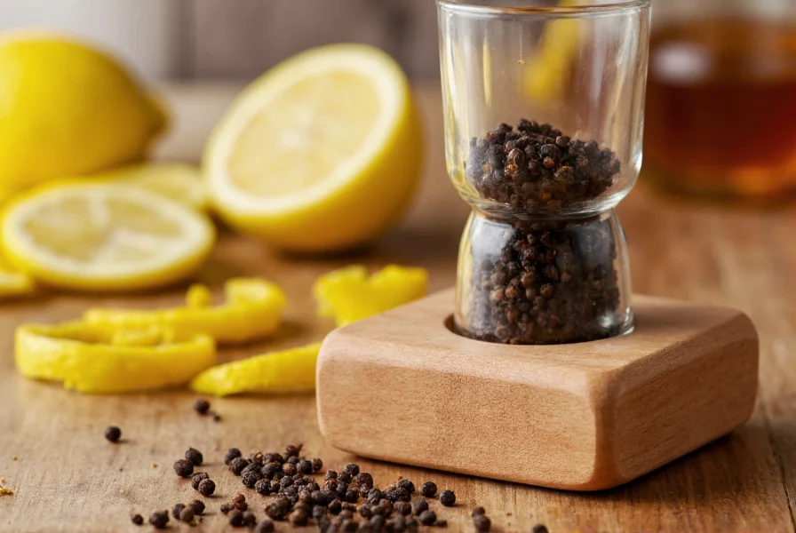 Close-up of a glass lemon pepper sipper with wooden base showing lemon zest and black pepper inside