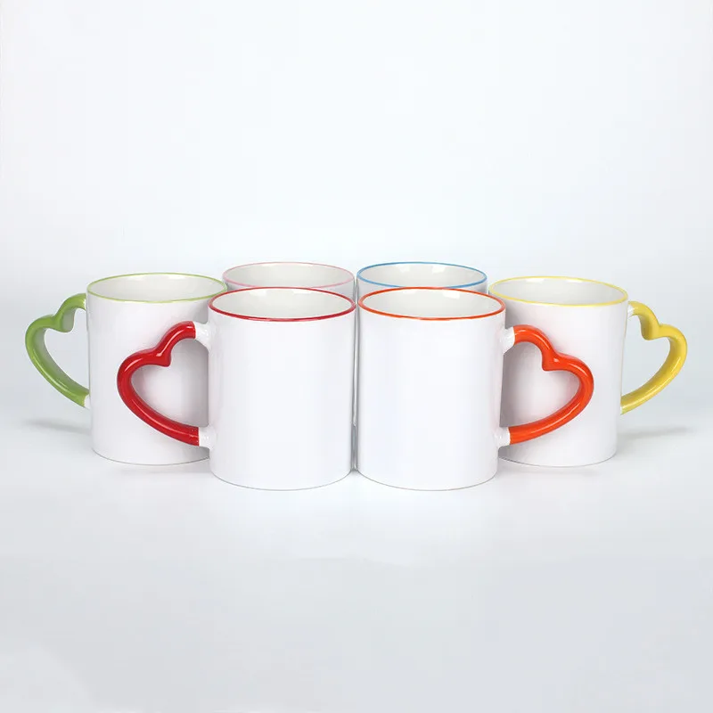 

Wholesale custom logo sublimation printed mugs personality diy 11oz 320ml heart handle blanks white ceramic coffee mugs for gift, Red, yellow , blue , green , orange, pink