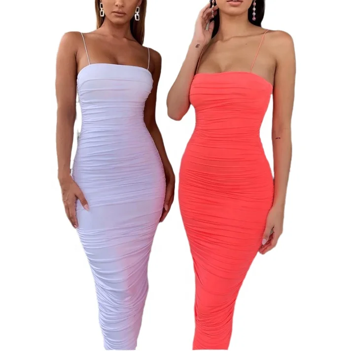 

Hot Stylish Sexy Spaghetti Strap Bodycon Maxi Party Casual Pleated Dresses, White, pink, red wine, coral or custom