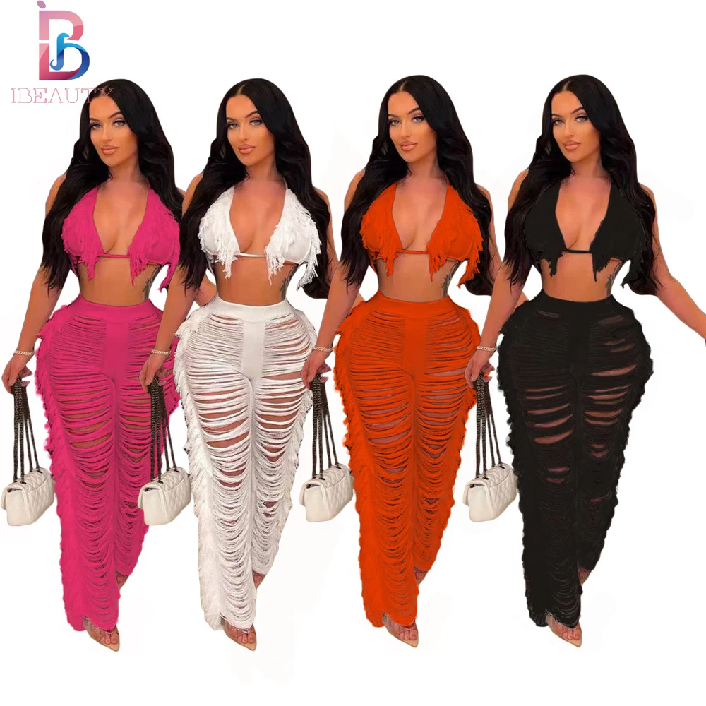 

Ibeauty 2022 Fashion Trending Solid Color Knitted Tassel Bikini Beachwear Top Pants Two Pieces Set Swimwear 2 Piece Set, Hot pink/white/orange/black