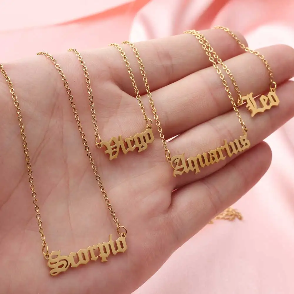 

Best Friend Gift Stainless Steel Old English Letter Zodiac Word Choker Necklace