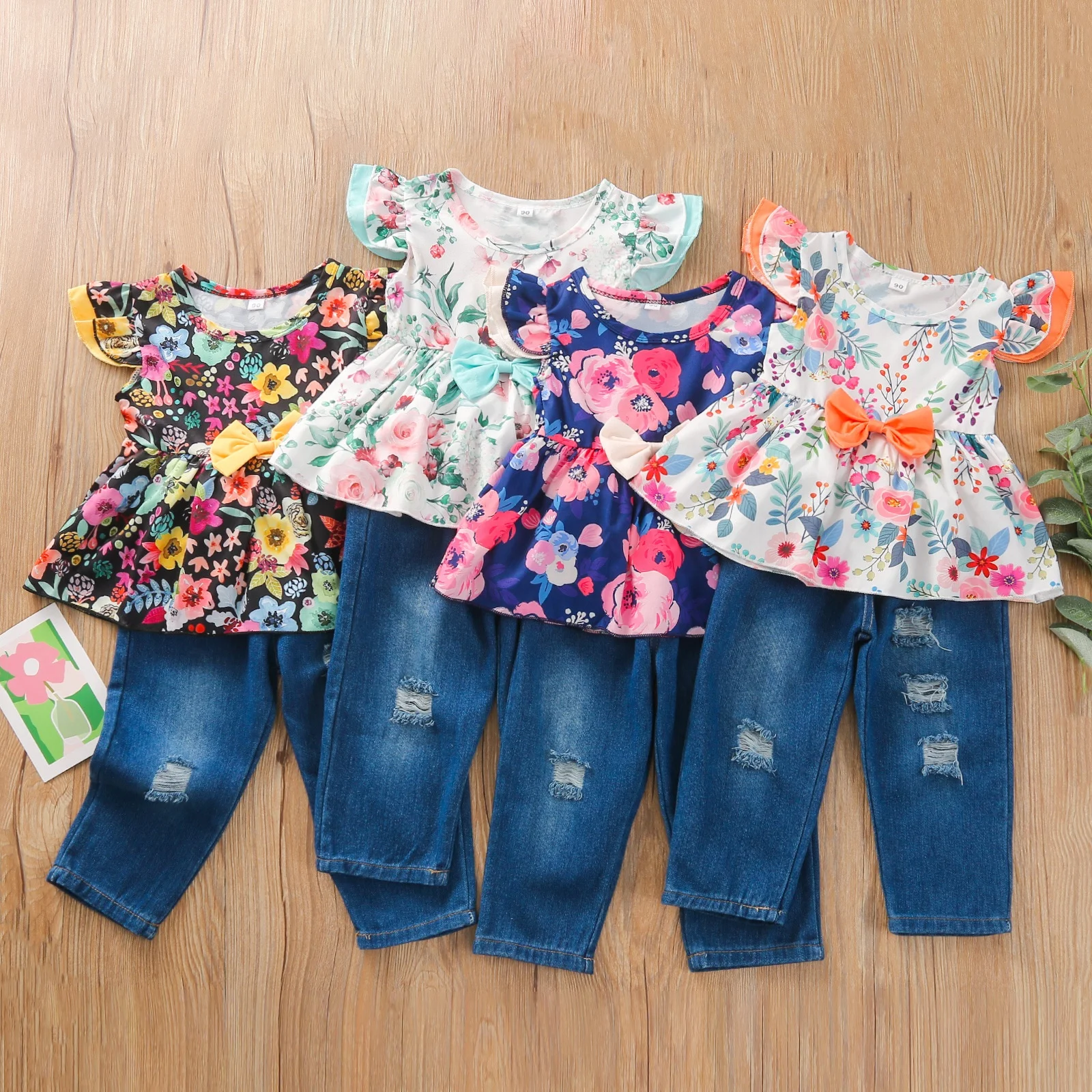 

B11274A factory wholesale baby girl 2 pcs denim jeans set girl's floral clothing sets