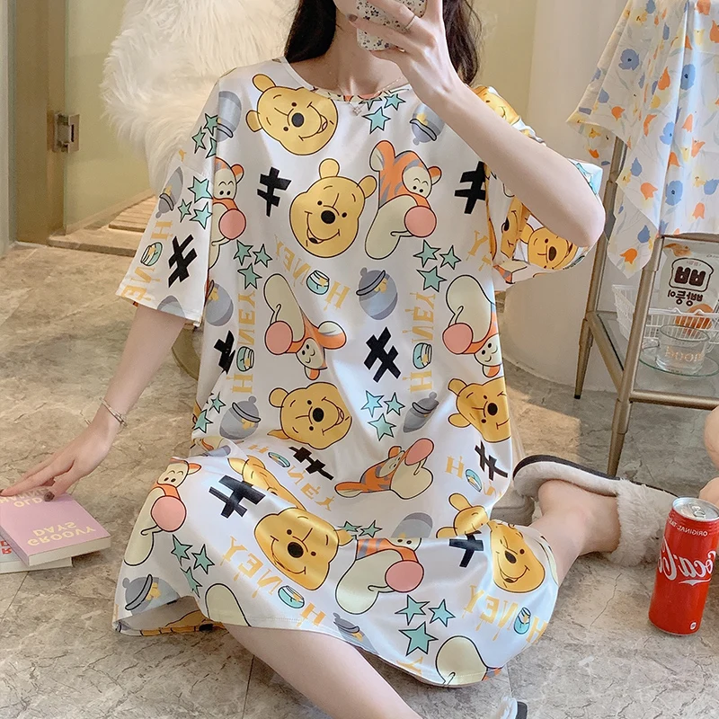 

Clearance Sale Silk Nightgown for Women Summer Short Sleeve Sleep Dress Casual Cartoon Print Comfy Nightgown Night Shirt Dress, Multi colors
