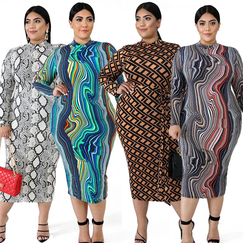 

Big Size Sexy Fashion Print Long Sleeve Bodycon Evening Dress Casual Women Club Party Dresses Fat Plus Size 4XL 5XL 6XL, Brown,gray,black