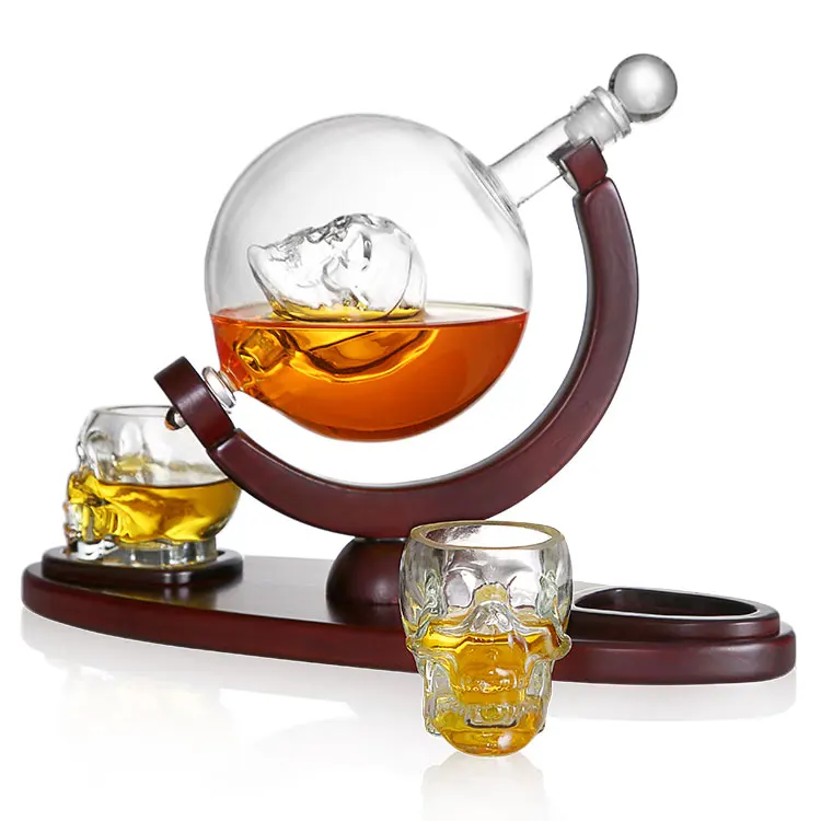 

New Product Glass Globe Skeleton Decanter Whiskey Decanter With 2 Glasses And Wooden Base