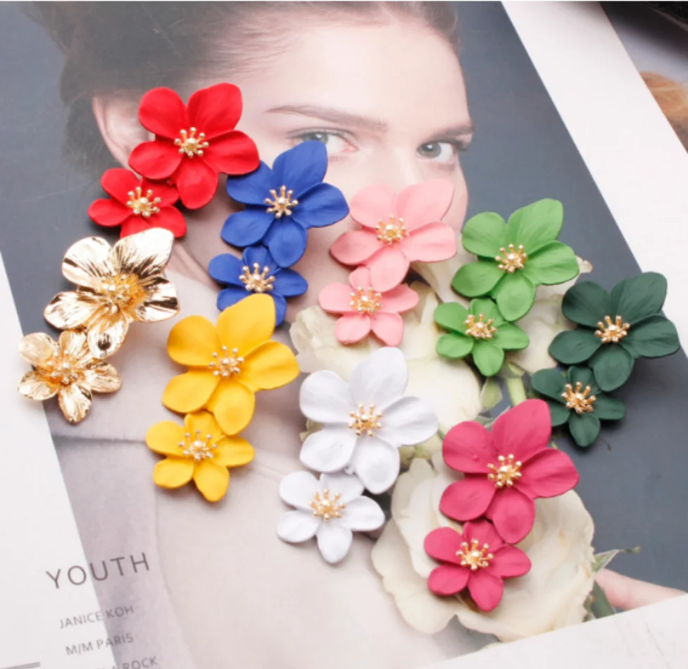 

Red Yellow Enamel Metal Fashion Statement Flower Drop Earrings for Women, Red , white ,yellow