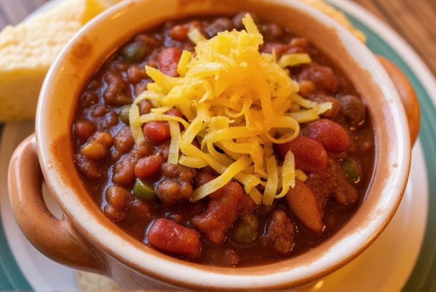 Award-winning Nevada-style chili served in a ceramic bowl with cornbread on the side at Old Fallon Prison Cafe in Reno
