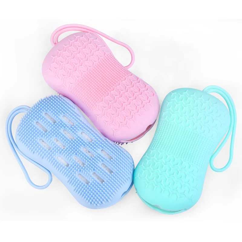 

New Product Exfoliating Scrubber Silicone Body Cleansing Brush, Pink, light gray,pastel blue,blue green.