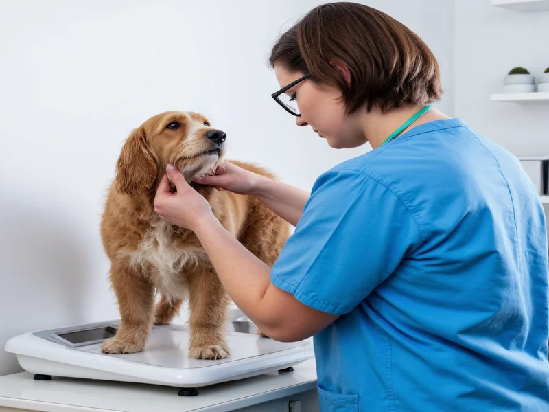 Veterinarian examining dog on scale during weight checkup