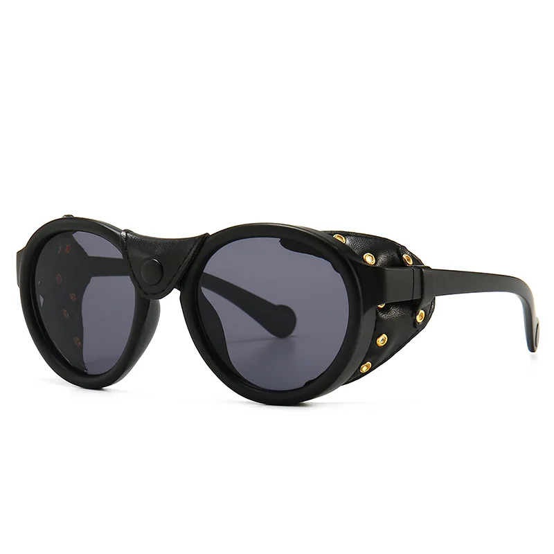 

Queena 2020 Fashion Vintage SteamPunk Style Cool Sunglasses Leather Side Shield Brand Design Sun Glasses Oculos JZ2020621006, 6 colors
