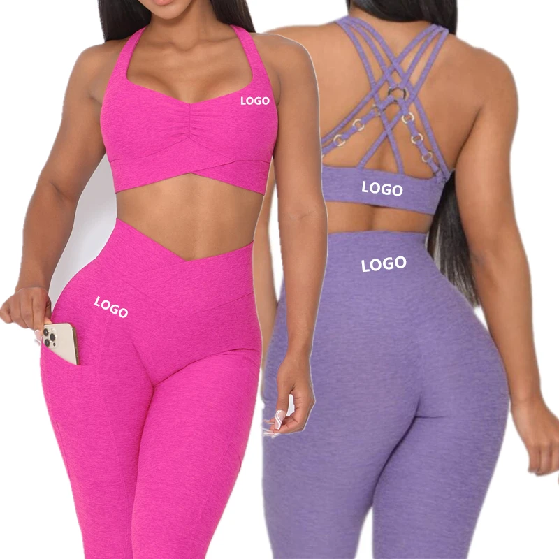 

2022 New Arrivals Gym Set Women Custom Logo Printed Yoga Pants With Pocket Scrunch Butt Leggings With Sports Bra Fitness Apparel