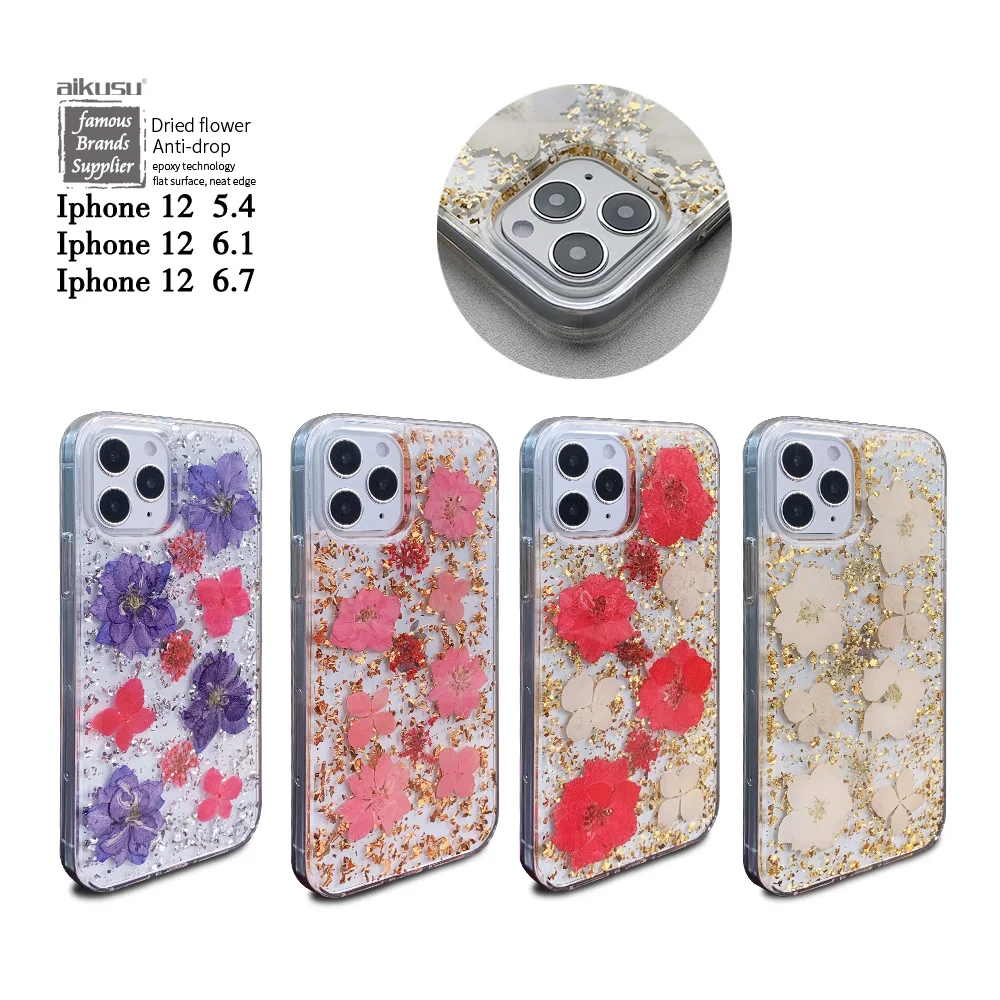

Real dried flower foil resin phone case for Iphone 12 cover