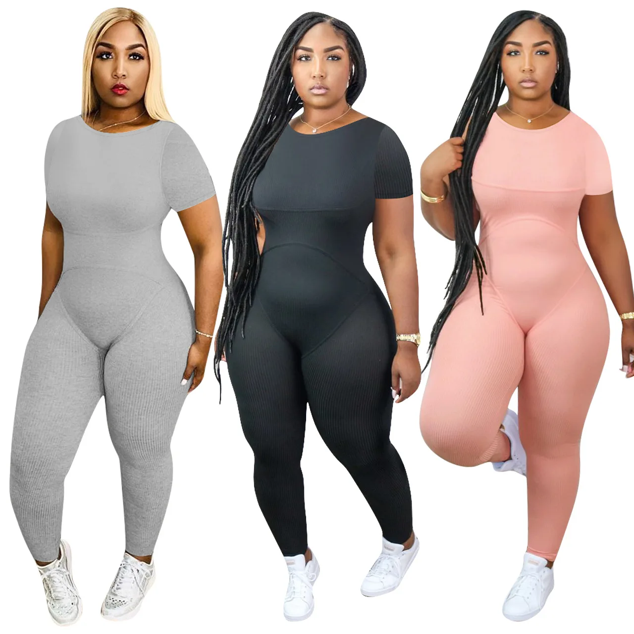 

Women's solid-colored round-necked short-sleeved summer jumpsuit, Picture