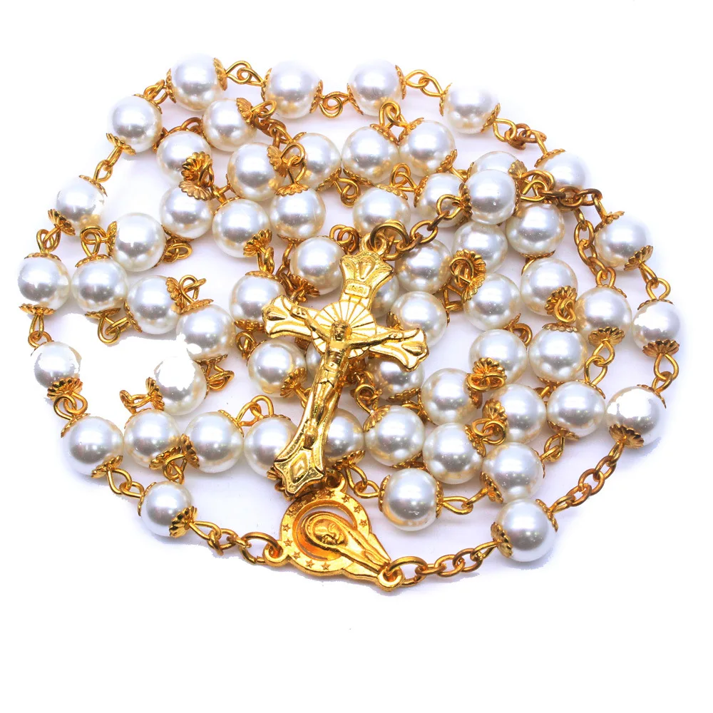 

2021 KOMI Catholic Religious Supplies 8Mm Golden Pearl Rosary Necklace Jewelry Cross Necklace