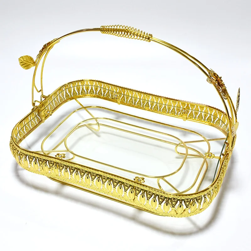 

Amazon's new exotic fruit basket rectangle Portable Food Glass tray Metal fruit basket, Gold