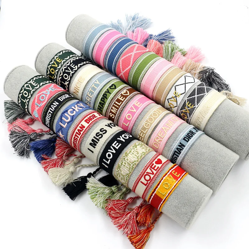 

Ethnic Jewelry Friendship Bracelet Embroidered Letter LOGO Woven Wristband Adjustable Size Webbing Tassel Bracelets, Colorful