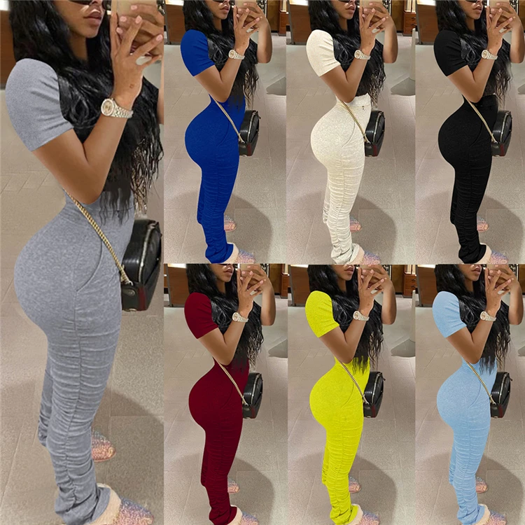 

2020 New Sexy Mujer Outfit Short Sleeve Skinny Elastic Pleats Solid Color Summer Women Clothing 2 Piece Set