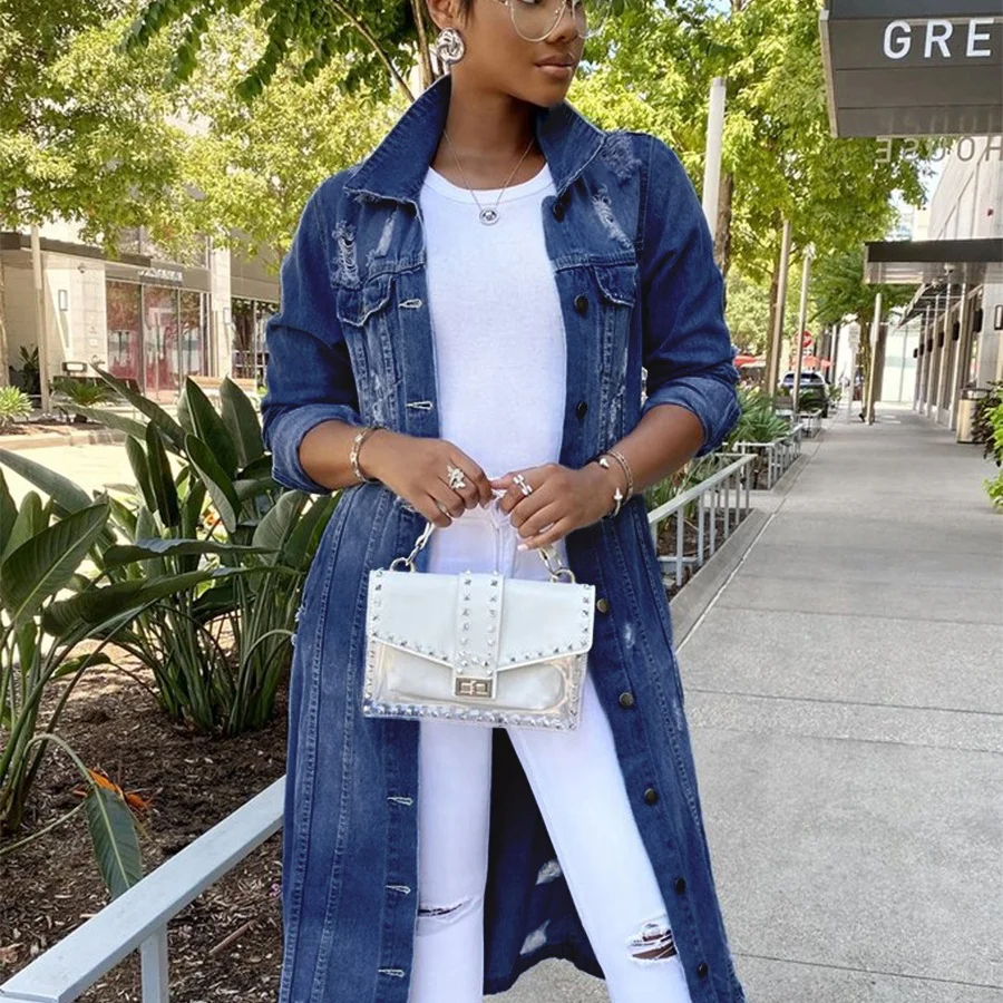 

MT110-932 High quantity long jeans jacket woman denim coat
