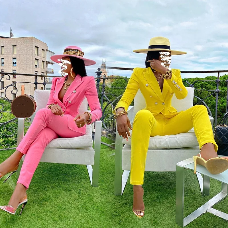 Autumn women's suit pants two-piece Double breasted lapels Elegant pink yellow long sleeve ladies blazer jacket Casual Suit